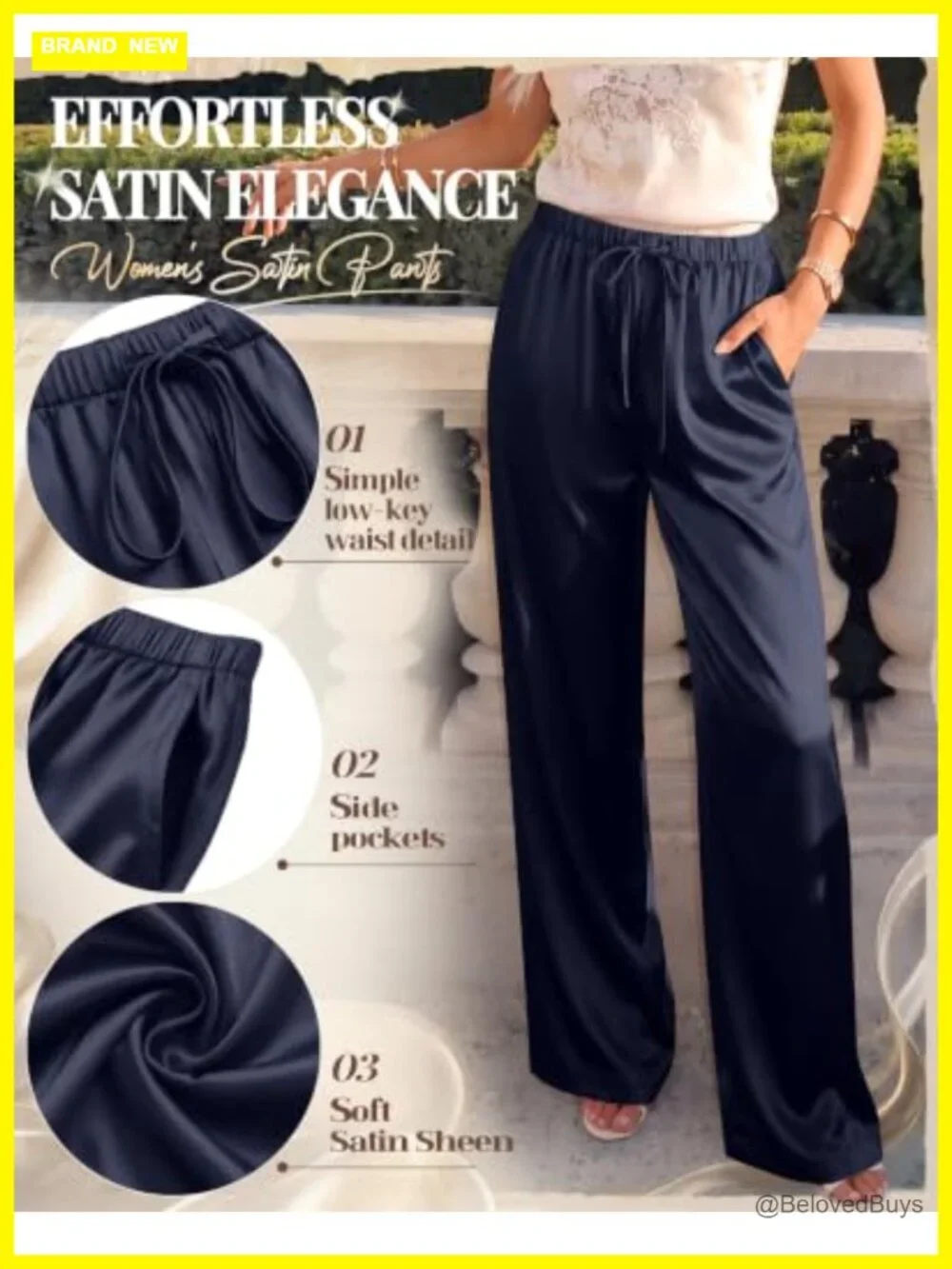 Satin Wide Leg Pants Flowy Dressy Trousers Drawstring Elastic Waist Pockets